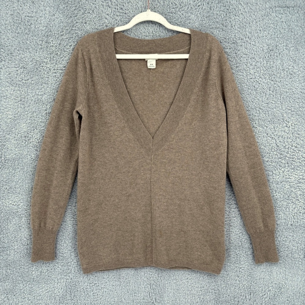 Club Monaco Italian Cashmere Deep V-Neck Sweater Brown Taupe Size M Seamed Front